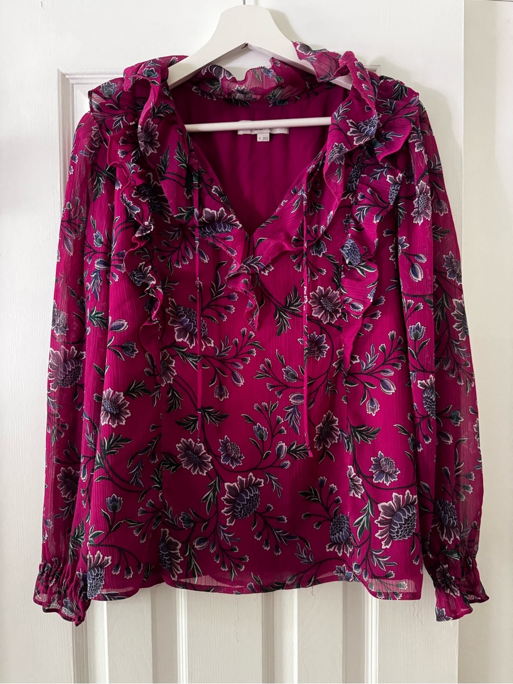 Women’s Floral Ruffle V-Neck Blouse - Magenta Loft